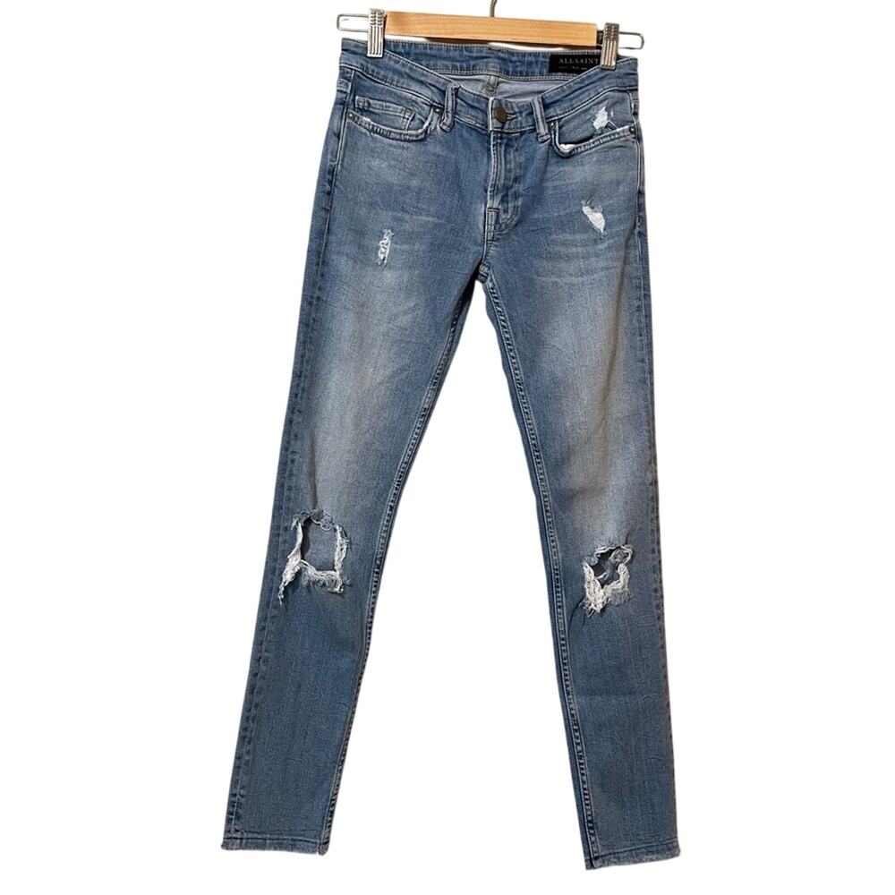 All Saints Distressed High Rise Skinny Jeans Raw Hem Womens 25 Blue Denim Zip